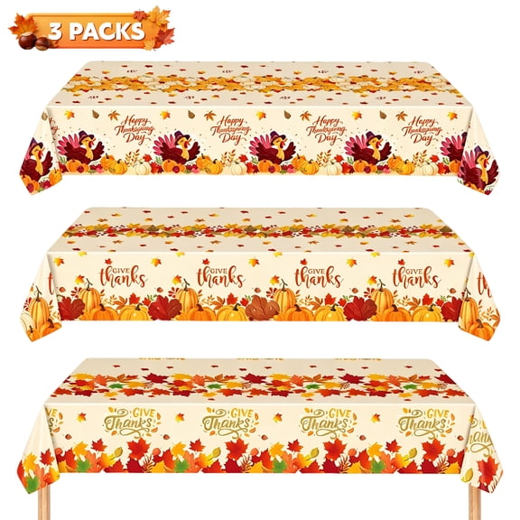 Godance 3 Pcs Thanksgiving Turkey Tablecloth - 54"x108" Disposable Plastic Tablecloths for Rectangle Table, Autumn Pumpkins and Maple Leaves Party Table Cover for Fall Thanksgiving Harvest Decoration