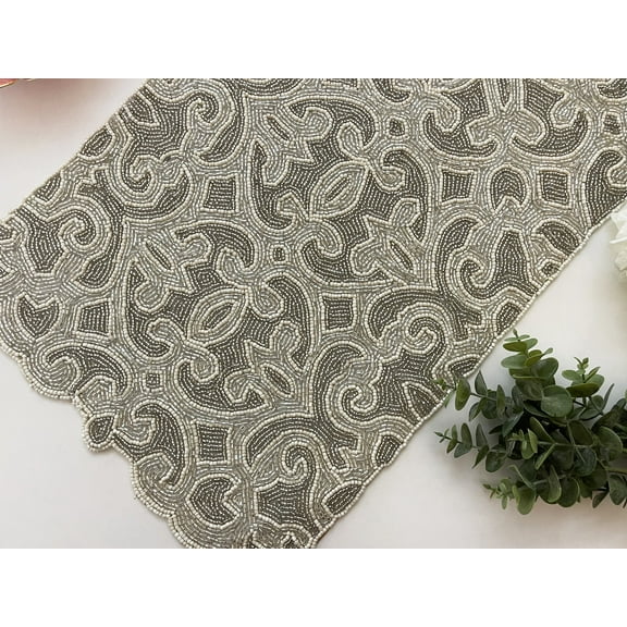 Handmade bead table runner, beaded runner, Silver and white, 13x36inch