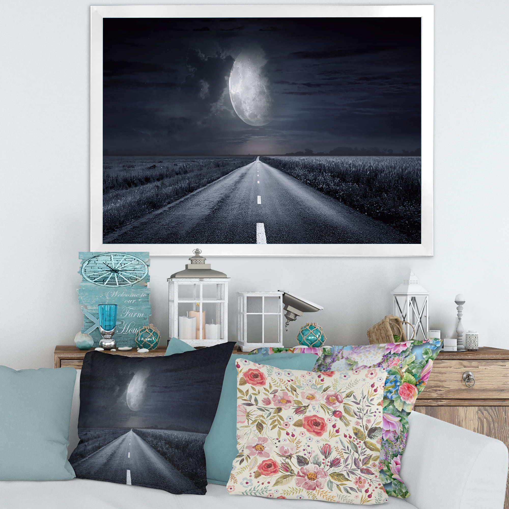 Designart 'Cloudy Full Moon Over Asphalt Road III' Nautical & Coastal Framed Art Print