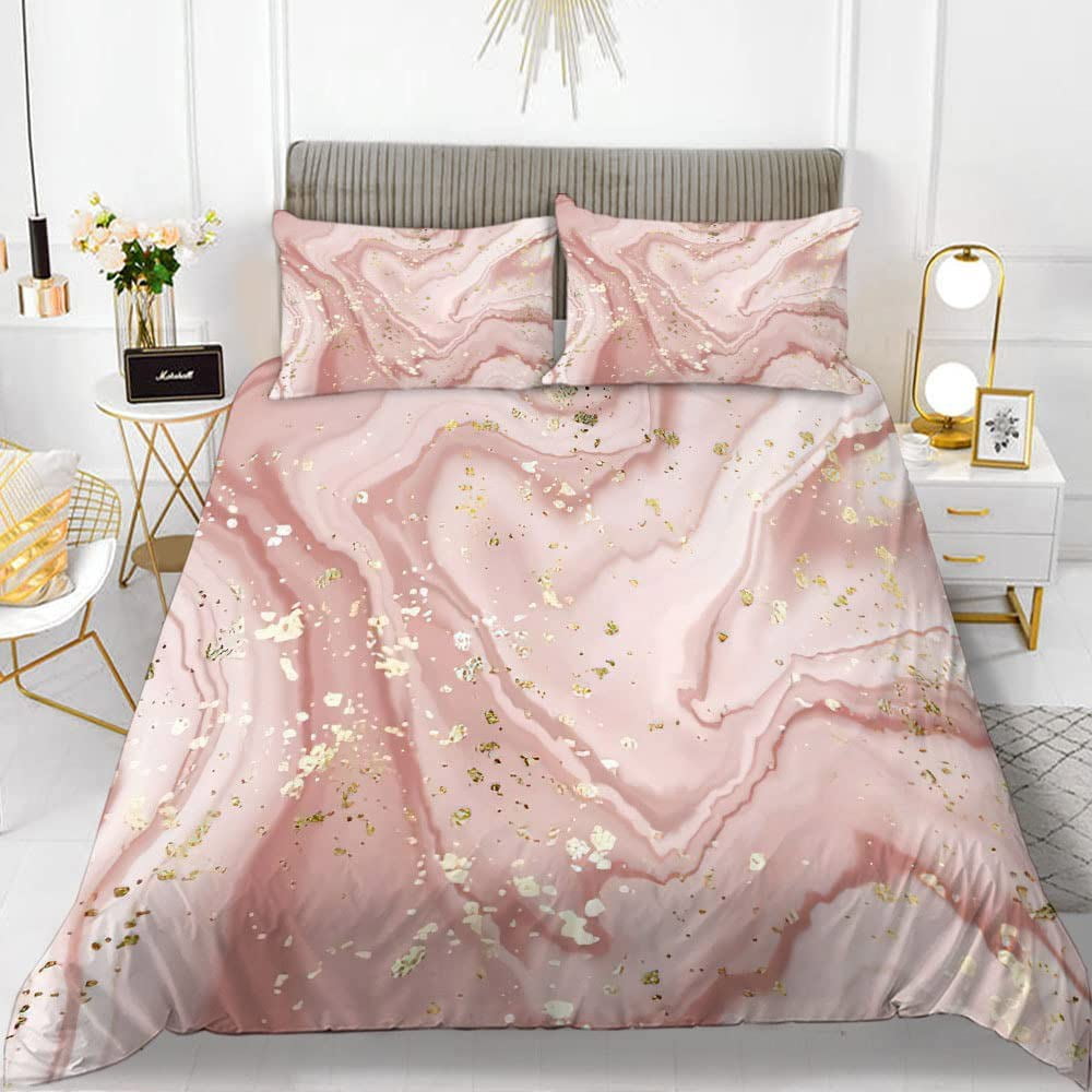 3 Pieces Girly Pink Marble Bedding Set Marbling Queen Duvet Cover for