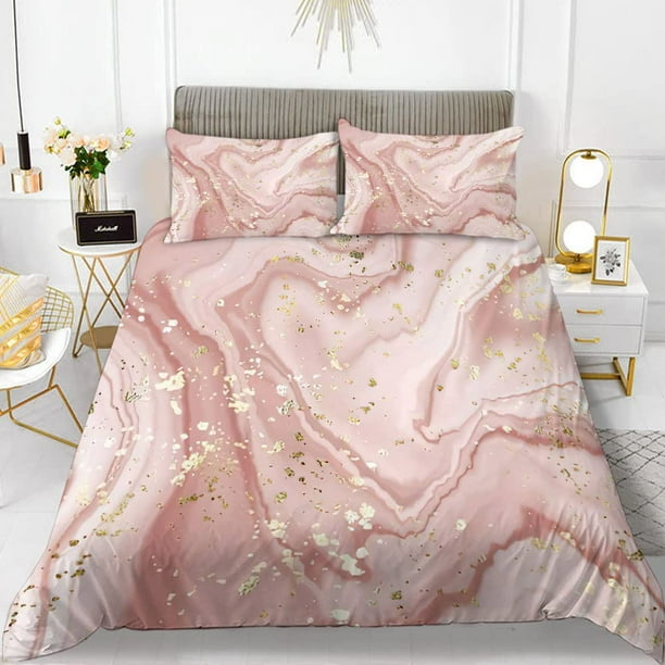 3 Pieces Girly Pink Marble Bedding Set Marbling Queen Duvet Cover for