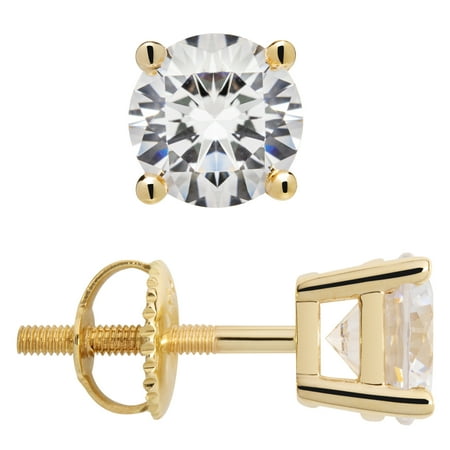 14K Solid Yellow Gold Stud Earrings | Round Cut Cubic Zirconia | Screw Back Posts | 2.0 CTW | With Gift Box