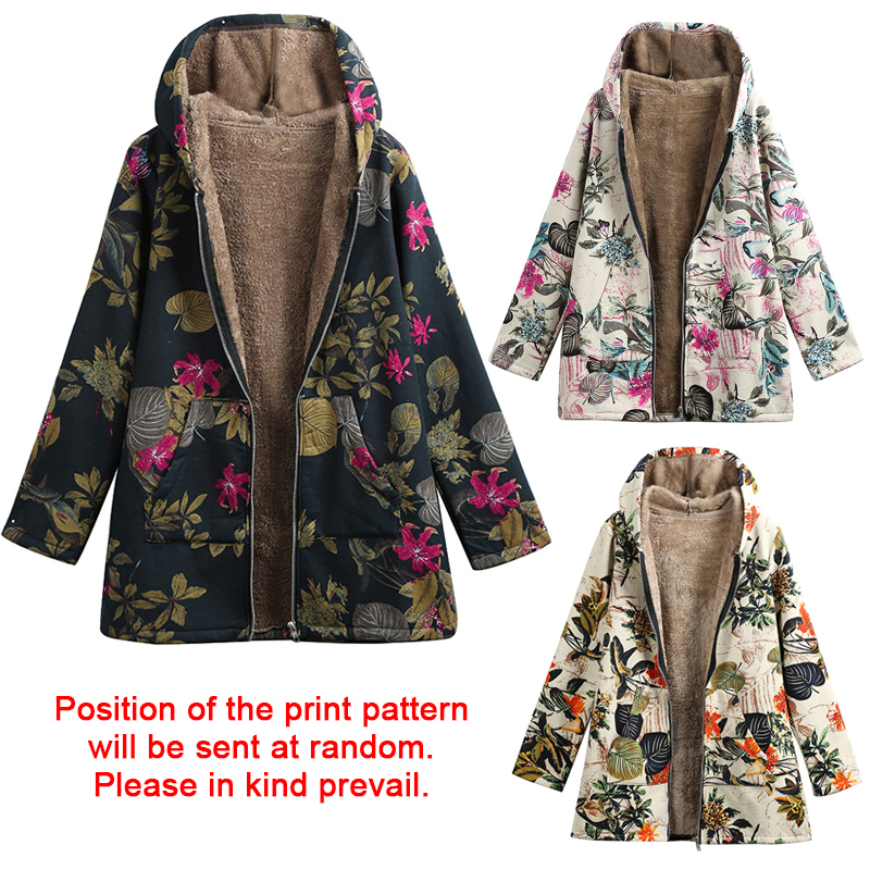 Women Faux Fur Hooded Parka Coat Floral Print Side Pockets Warm Vintage Casual Long Coat Outwear - image 3 of 7