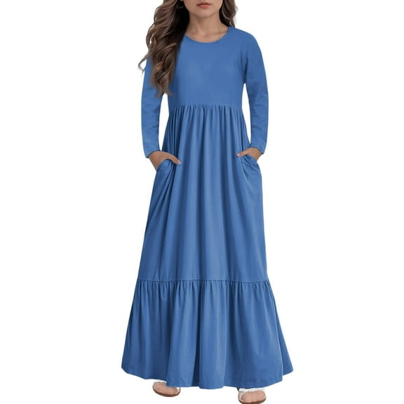 Girls Tiered Maxi Dress, Solid Color Long Sleeve Flowy Dress with Side Pockets, Perfect for School Concerts, Holidays & Dress-Up Play,Blue,140