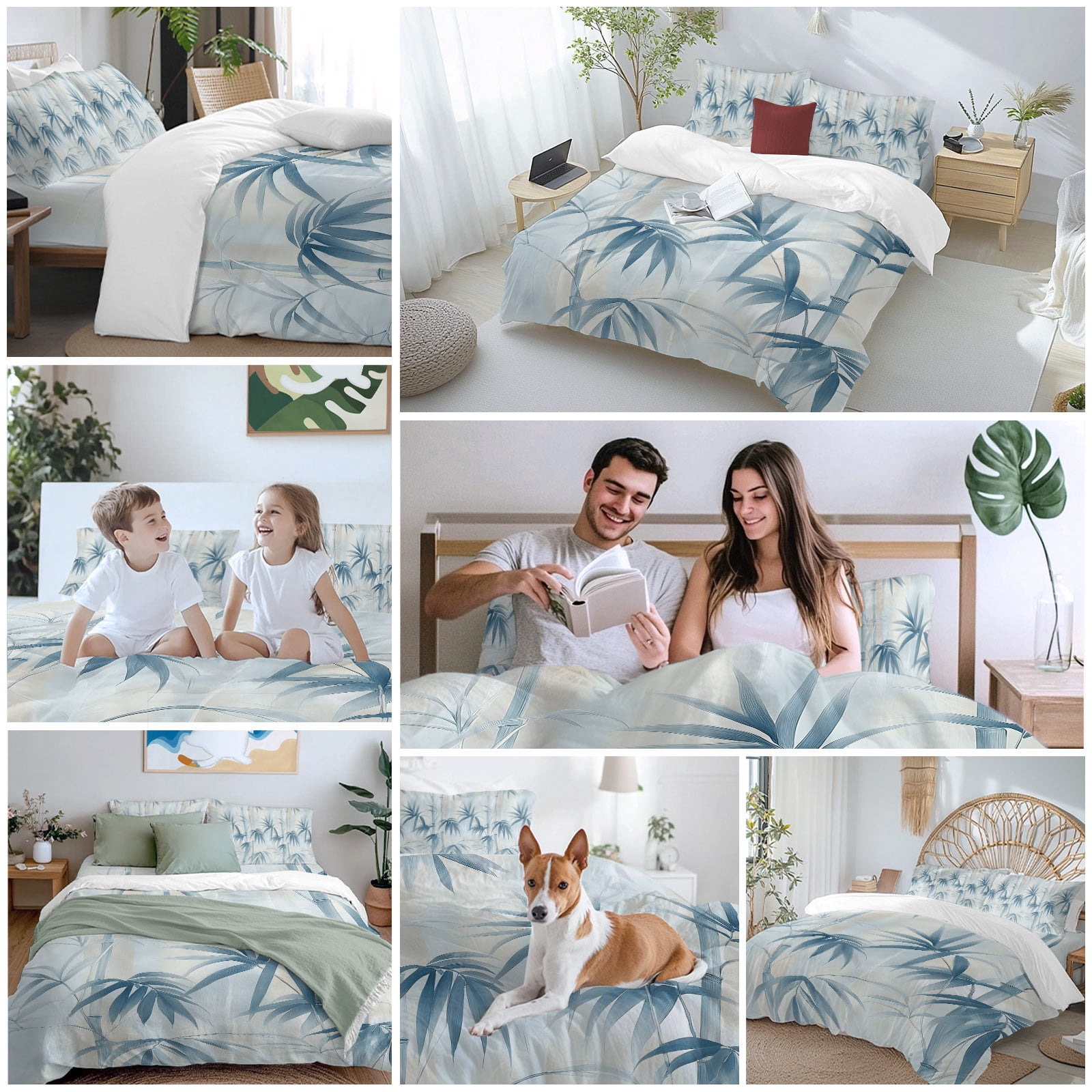 Bamboos Leaf Queen Duvet Cover Set, Blue Leaves Watercolor Modernism 4 Piece Microfiber Bedding Set with Zipper Closure, Bed Sheet and 2 Pillow Shams, Soft Bedding Cover