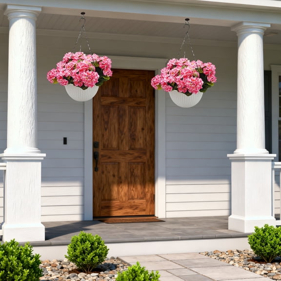 2 Set Artificial Geraniums Flowers | Faux Hanging Plant with White Basket - Outdoor Indoor Decor for Christmas Front Porch Garden Home
