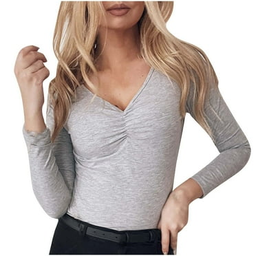 GigrtiJin Womens Long Sleeve Shirts Slim Pullover Casual V Neck Tunic Tops Going out Casual Fashion Solid Color Blouse
