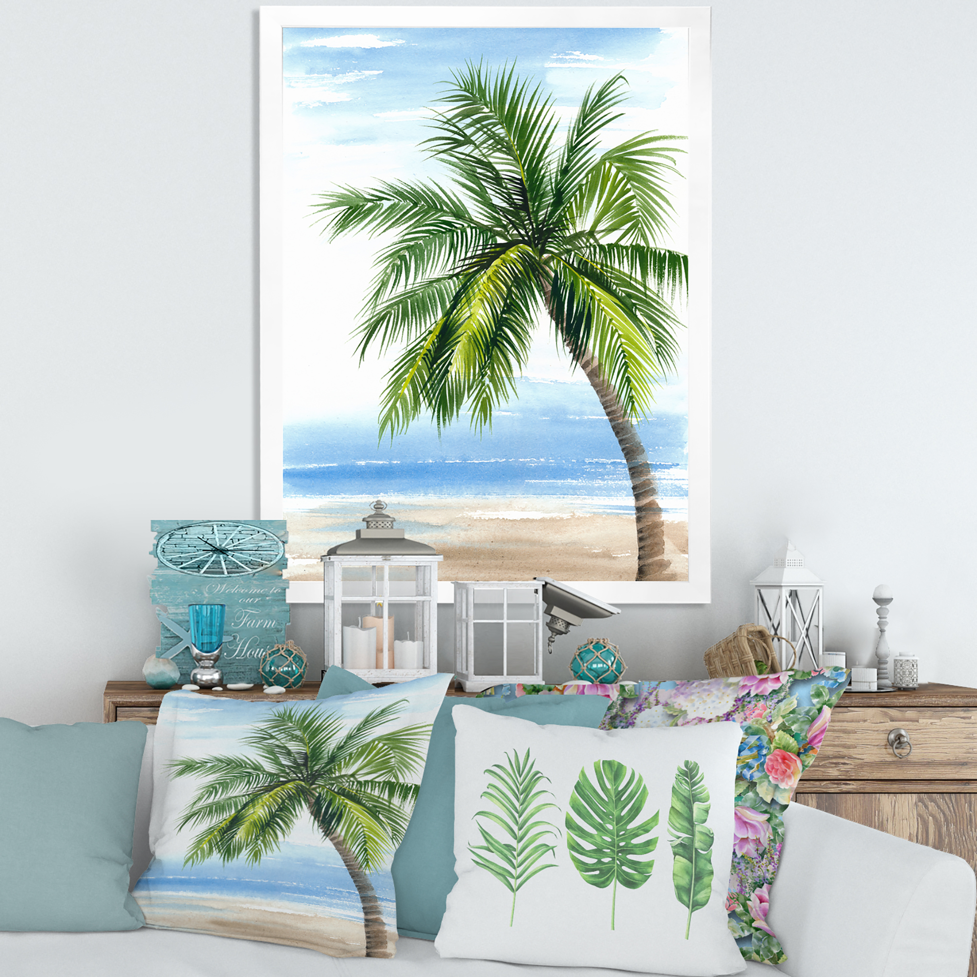 Designart 'Palm Tree At The Beach' Nautical & Coastal Framed Art Print