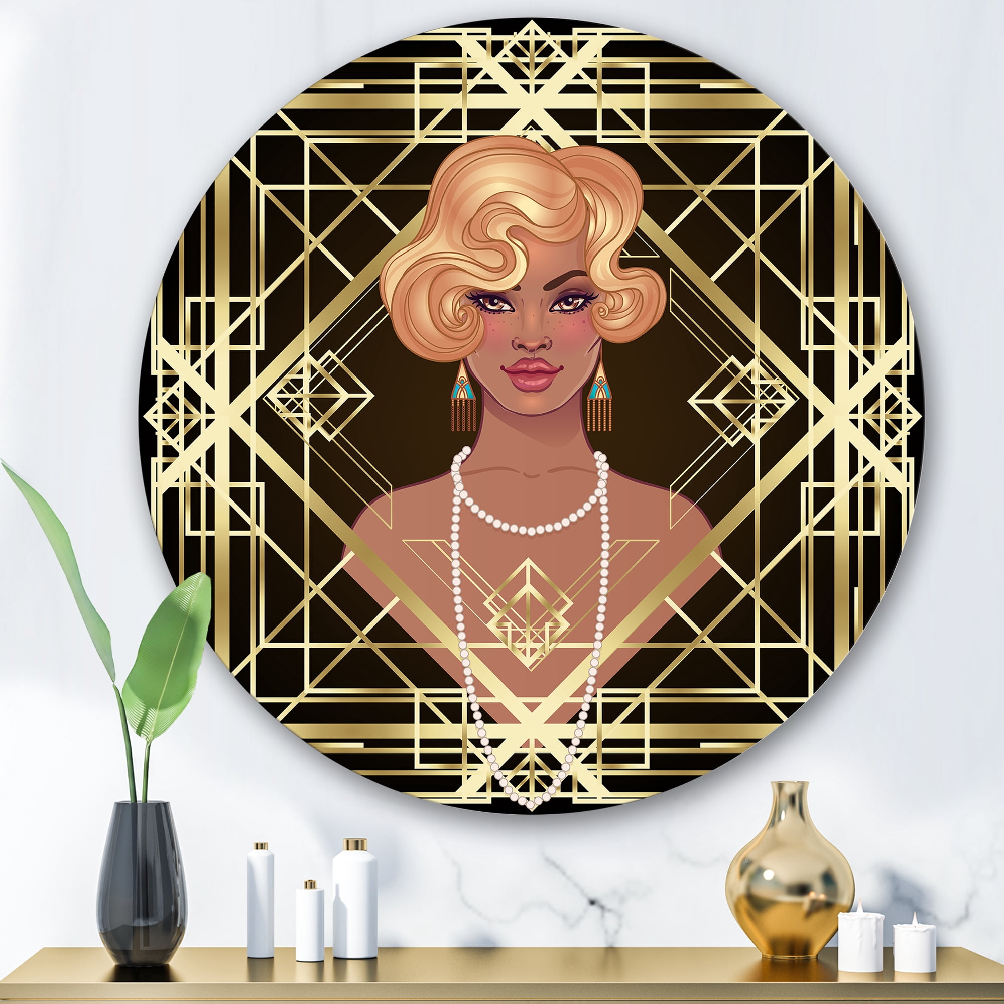 Designart 'Retro Girl In Golden Art Deco Geometrics III' Modern Circle Metal Wall Art 36x36 - Disc of 36