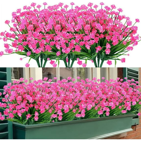 Artificial Outdoor Flowers, 8 Bundles Fake UV Resistant Foliage Greenery Faux Plants Shrubs Plastic Bushes for Indoor Outside Hanging Planter Wedding Farmhouse Decor (Pink)