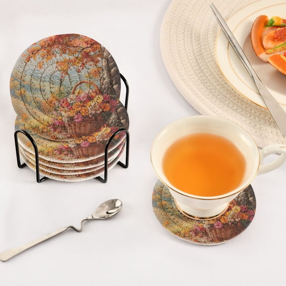 BZSMCE 6Pcs Drink Coasters With Holder 3.94Inch Basket Of Flowers Creative Coil Coaster Coasters Colors Absorbent Coasters for Drinks Coasters Set Thicken Heat for Home Table
