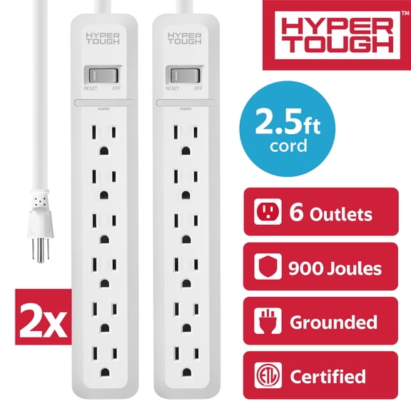 Hyper Tough Surge Protector 6 Outlet with 2.5ft Cord, White, 2-Pack