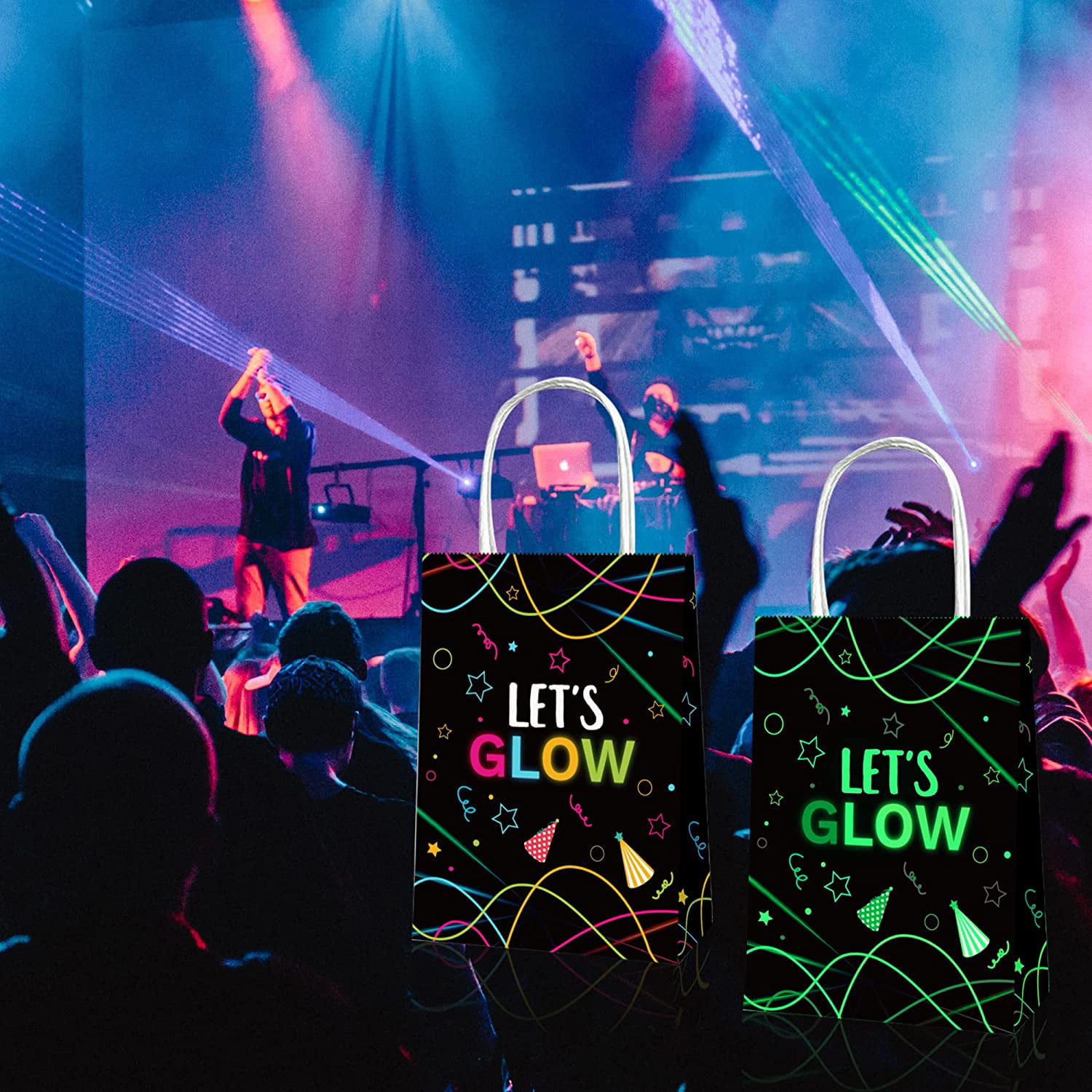 24 Pack Neon Bags Themed Let's Glow Party Favor Thank You for Glowing with  Me Goodie Bags with Handle for Glow in Dark Party Retro 80s 90s Birthday