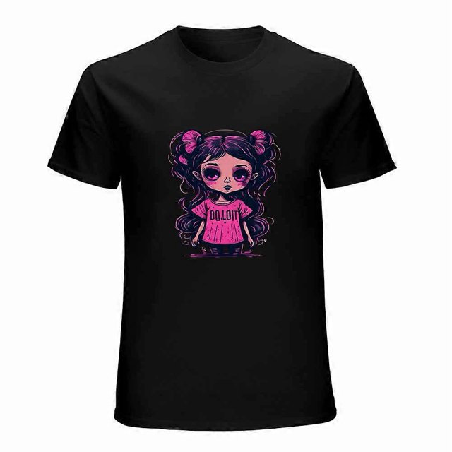 Cute cartoon doll T-shirt Black and pink T-shirt Unisex tees Vintage shirt