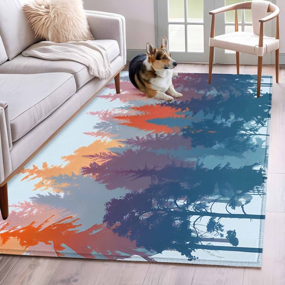 Boho Forest Silhouette Area Rugs 3'x5', Washable Small Throw Rugs for Living Room Bedroom, Retro Abstract Forest Trees Blue Indoor Outdoor Rug Non-Slip Low Pile Carpet Runner Reversible Floor Mats
