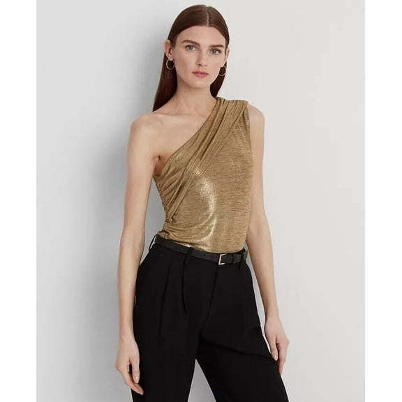 LAUREN RALPH LAUREN Women Foil-Print Jersey One-Shoulder Top Brown Size XL $90