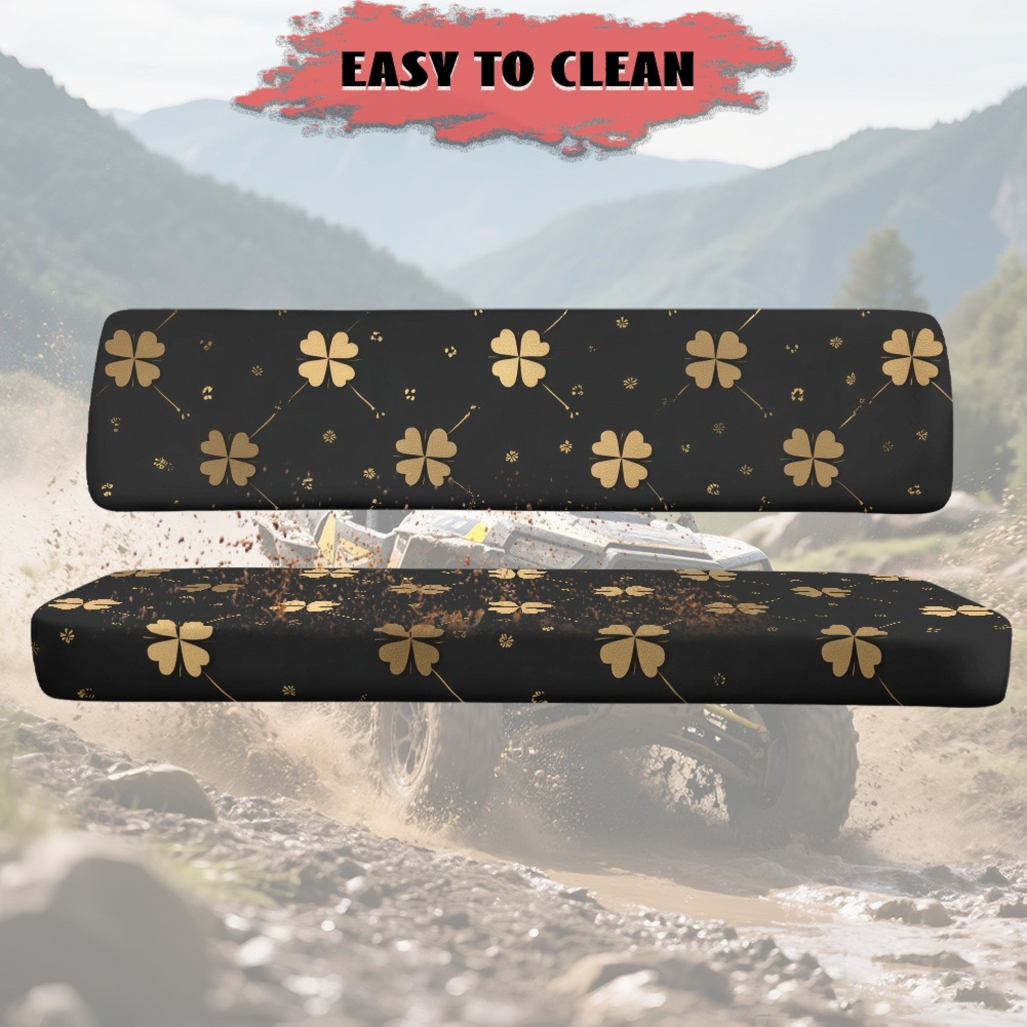 ZIATUBLES UTV Front Seat Covers 2-Piece Set, Compatible with Kawasaki Mule 3000 3010 3020, Wear-Resistant Polyester Replacement Protector, Black Clover Print St. Patrick's Day Decor Acccessory
