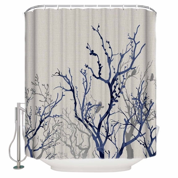 Blue Tree Bathroom Shower Curtains with 12 Hooks Polyester Waterproof Shower Curtain for Stalls and Bathtubs Retro Farmhouse Botanical Branches Bird Decorative Bathroom Privacy Curtain 36x72 Inches