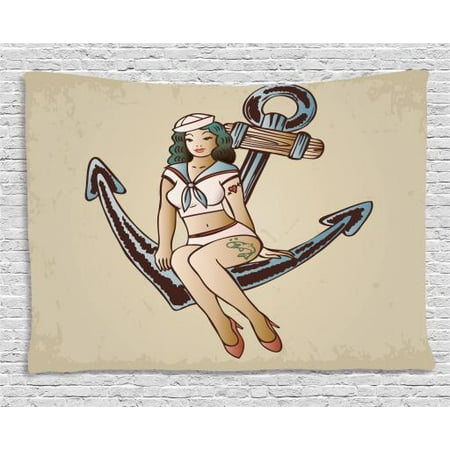 Anchor Tapestry Pinup With Sailor Outfit Shark And Heart Anchor Tapestry Pinup With Sailor Outfit Shark And Heart Tattoo Vintage Twenties Ilration