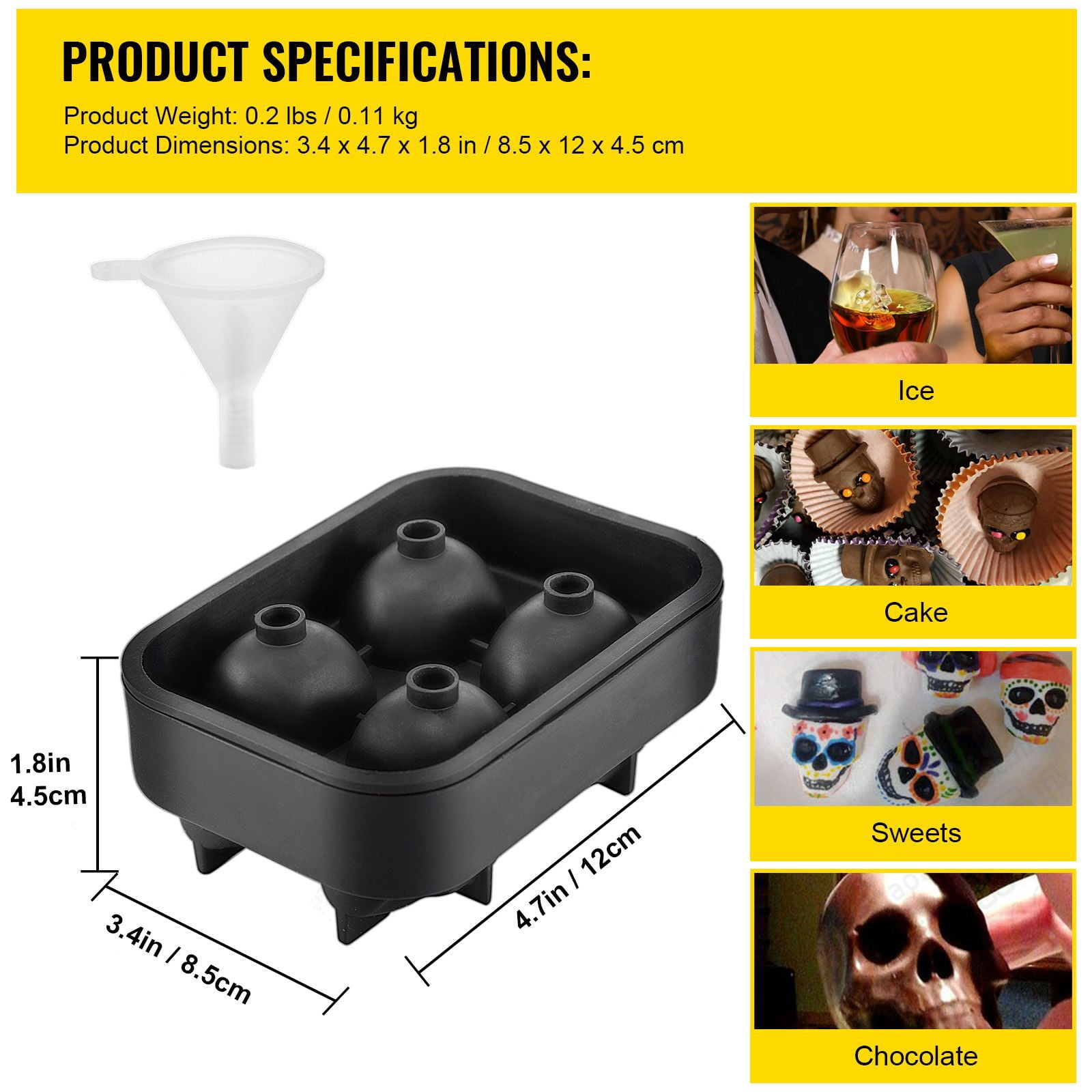 4 Grid Skull Shaped Ice Cube Tray Silicone Mold, Novelty 3D Skull Ice Maker Easy Release, Fun Ice Mold for Whiskey Cocktails Halloween Party Bar