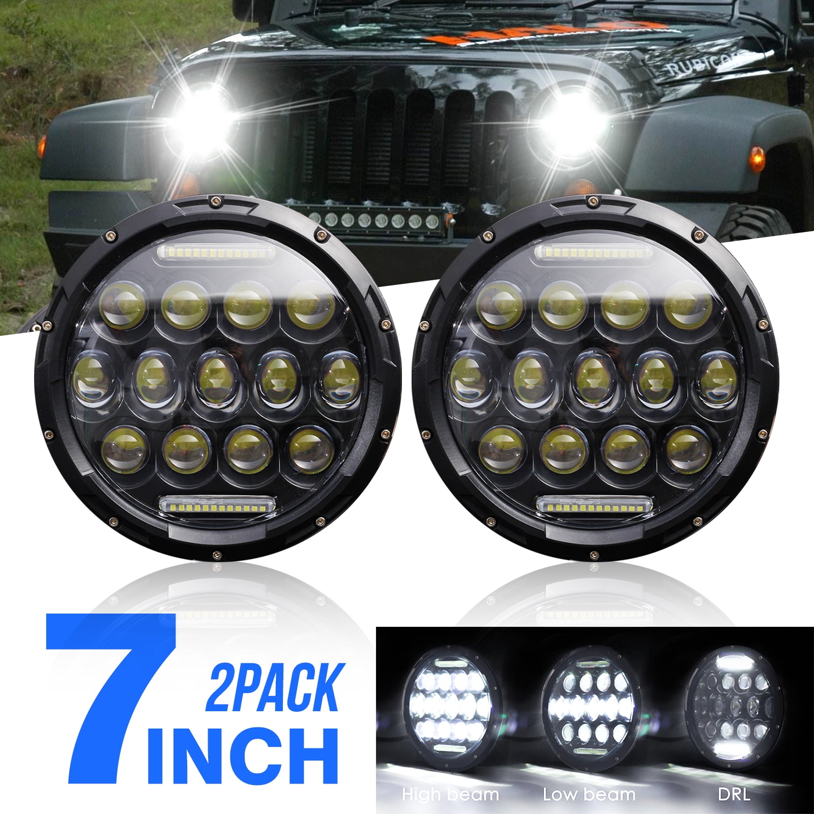 2X 7inch 75W Round CREE LED Headlight Hi//Low Beam DRL For Jeep Wrangler JK TJ LJ