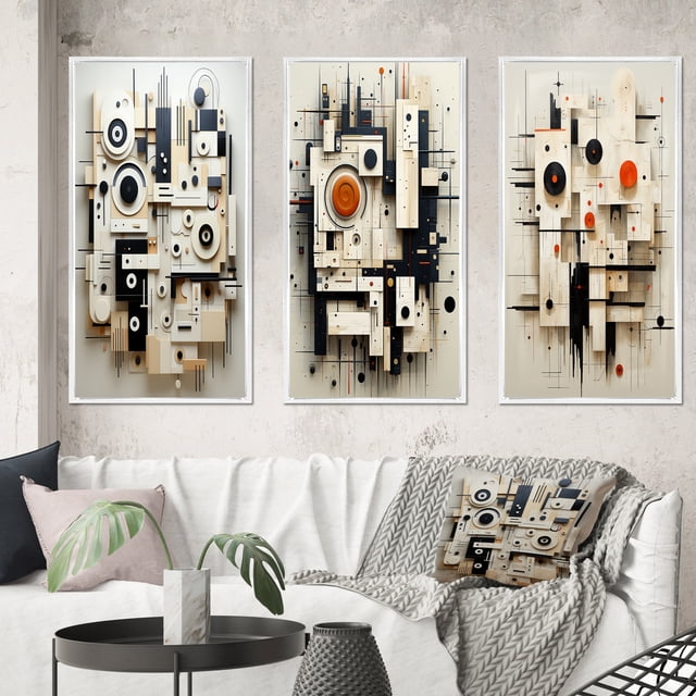 Designart "Abstract Urban Vision Black and White III" Modern Geometric Framed Wall Art Set Of 3 - Black Abstract Frame Canvas Set For Living Room Decor