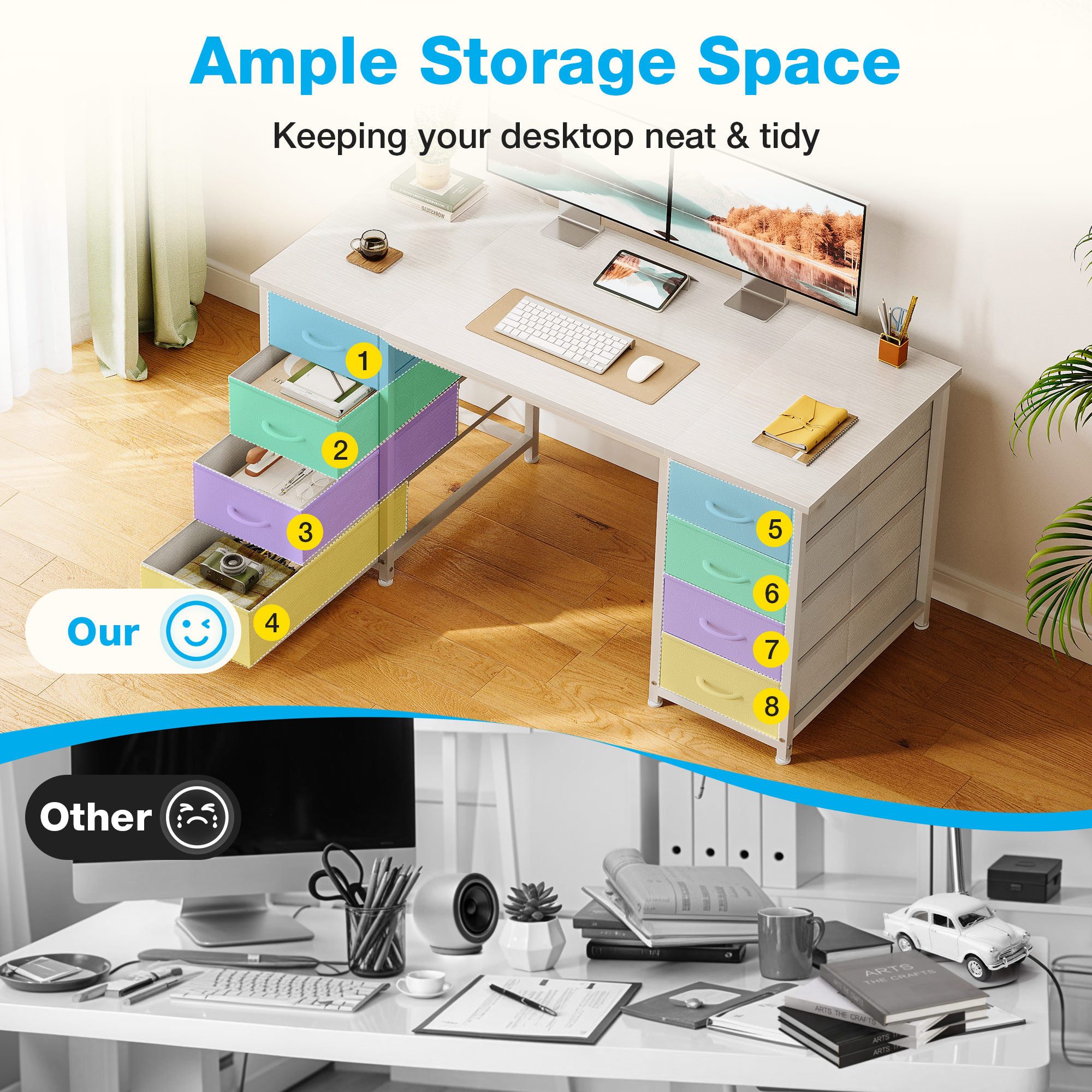 Casacomoda 48" Computer Desk with 8 Fabric Drawers, White photo 3