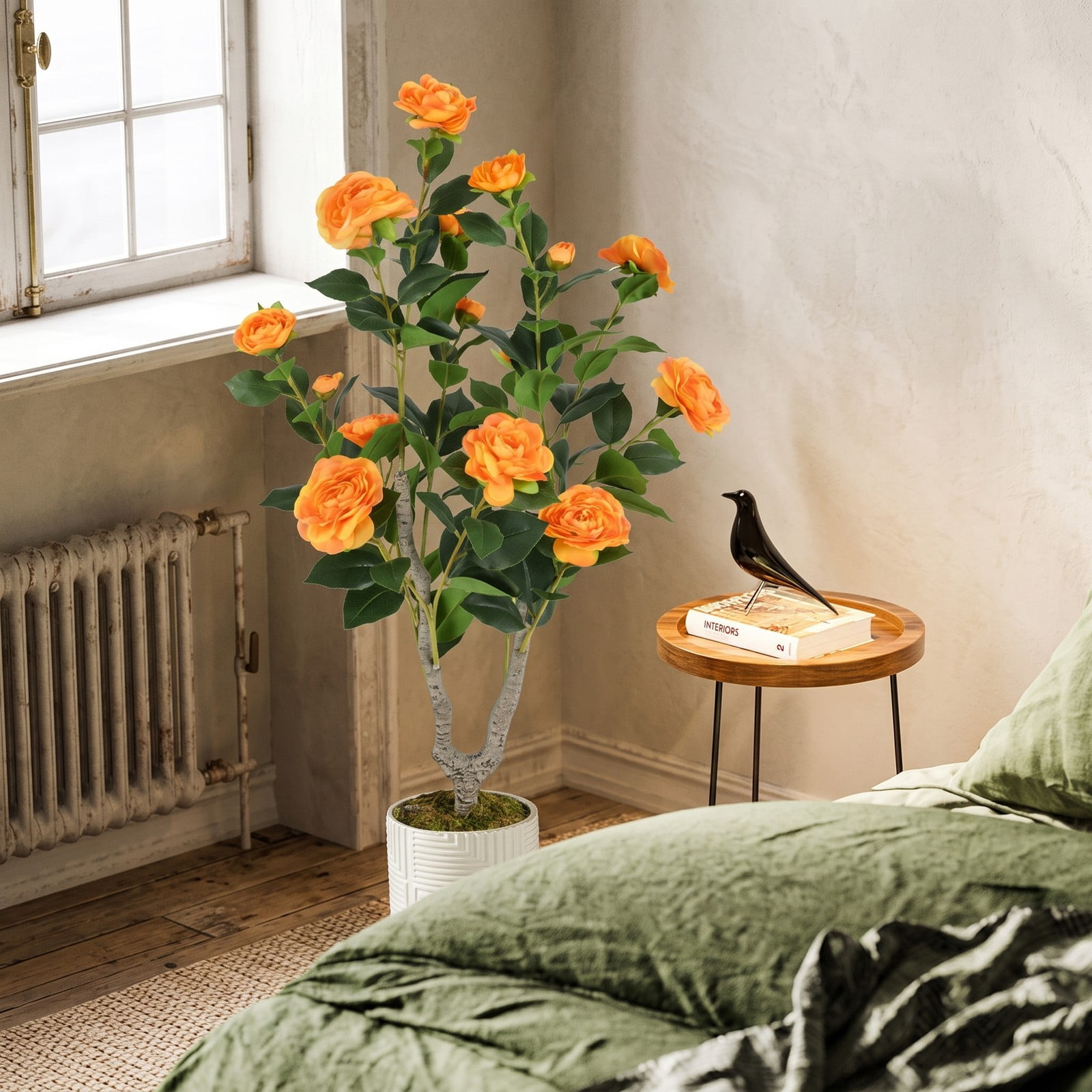 ALPULON 36 Inch Artificial Camellia Tree with Blooming Flowers, Set of 2 Faux Potted Camellia Plants with Cement-Filled Pots for Home Office Wedding Front Door, Orange
