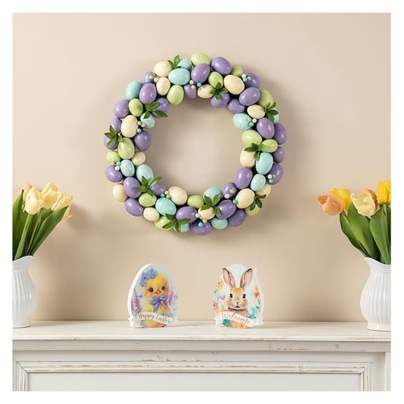 18" D Easter Wreath with Artificial Easter Eggs Berries for Front Door Wall Decor, Spring Easter with Colored Eggs Berries Holiday Decoration