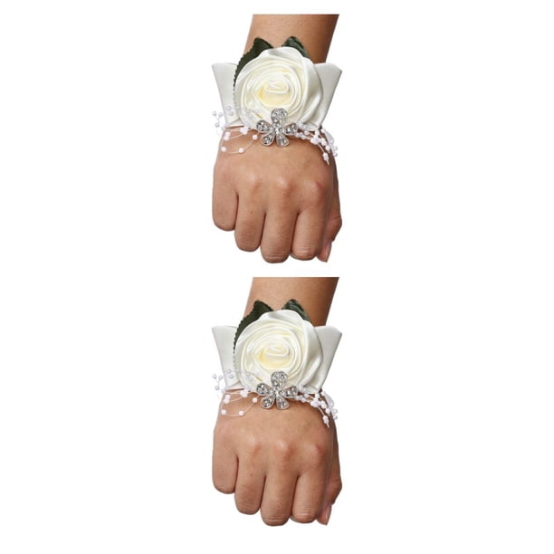 Yuarrent Accesorio de ramillete de muñeca de rosa satinada hecho a mano para cualquier ocasión, fácil de usar N1 blanco lechoso 2Conjunto