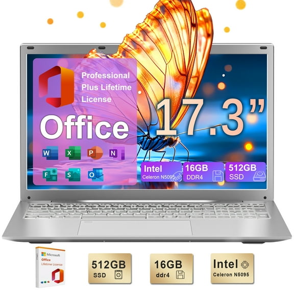 SANPTENT 17.3" Laptop Intel Celeron N5095, 16GB RAM, 512GB SSD, Backlit Keyboard, Fingerprint, Win 11 Pro with Microsoft Office