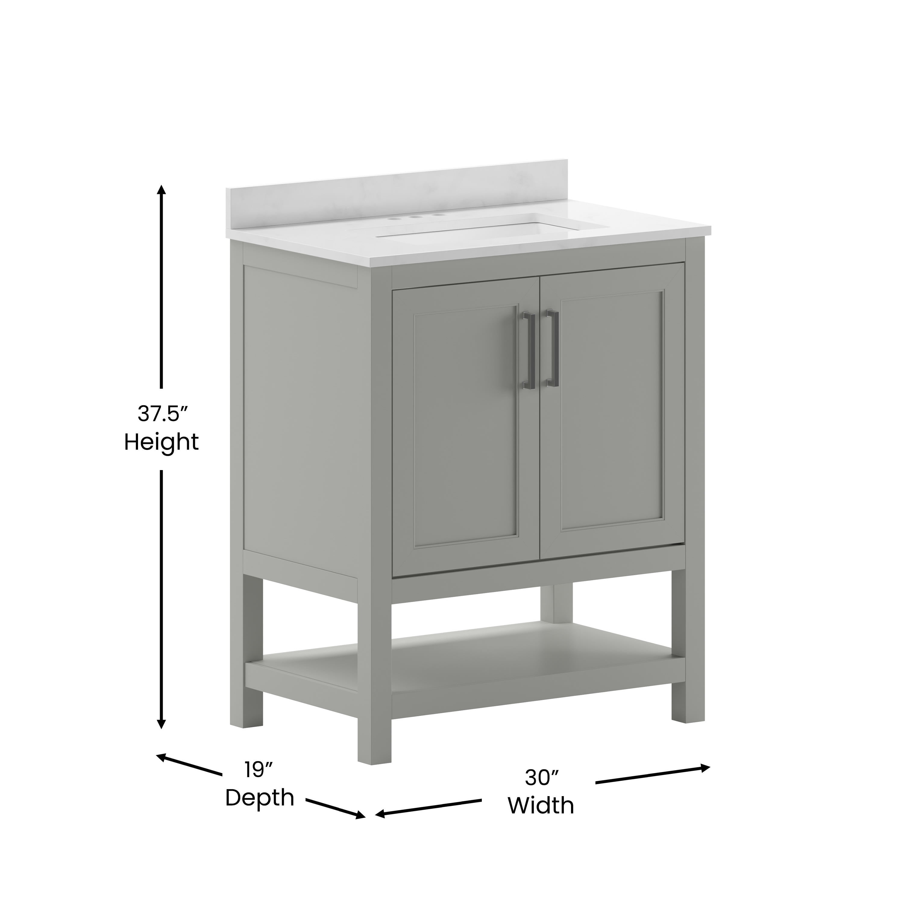 BizChair 30 Inch Bathroom Vanity with Sink Combo, Storage Cabinet with Soft Close Doors and Open Shelf, Carrara Marble Finish Countertop, Gray/White