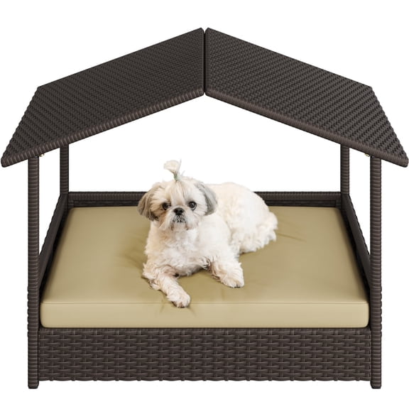 Topeakmart Outdoor Rattan Dog House with Canopy and Foam Cushion, Brown/Khaki