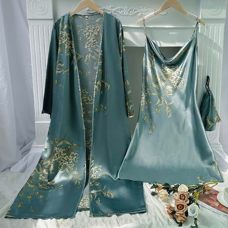Zunfeo Satin Pajamas for Women Sexy Slik Nightgown with Robe Cozy Lingerie Sleepwear 2 Piece- Green 8