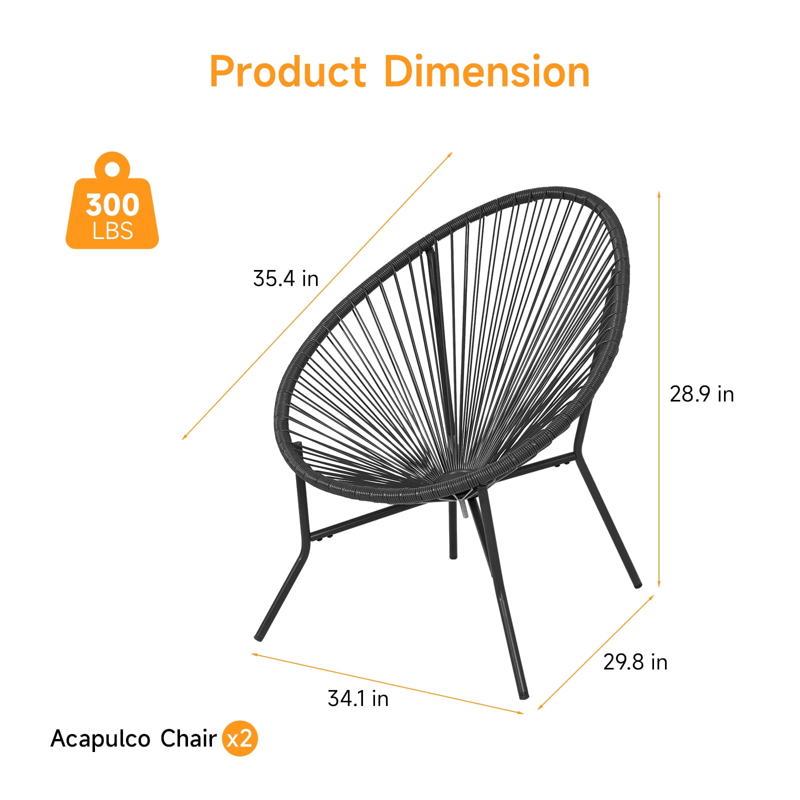 Dovov Acapulco Chair Set of 2, Outdoor Seating Patio Chairs Modern Wicker Bistro Chairs All-Weather Papasan Chair for Balcony Garden Backyard Porch Deck, Black