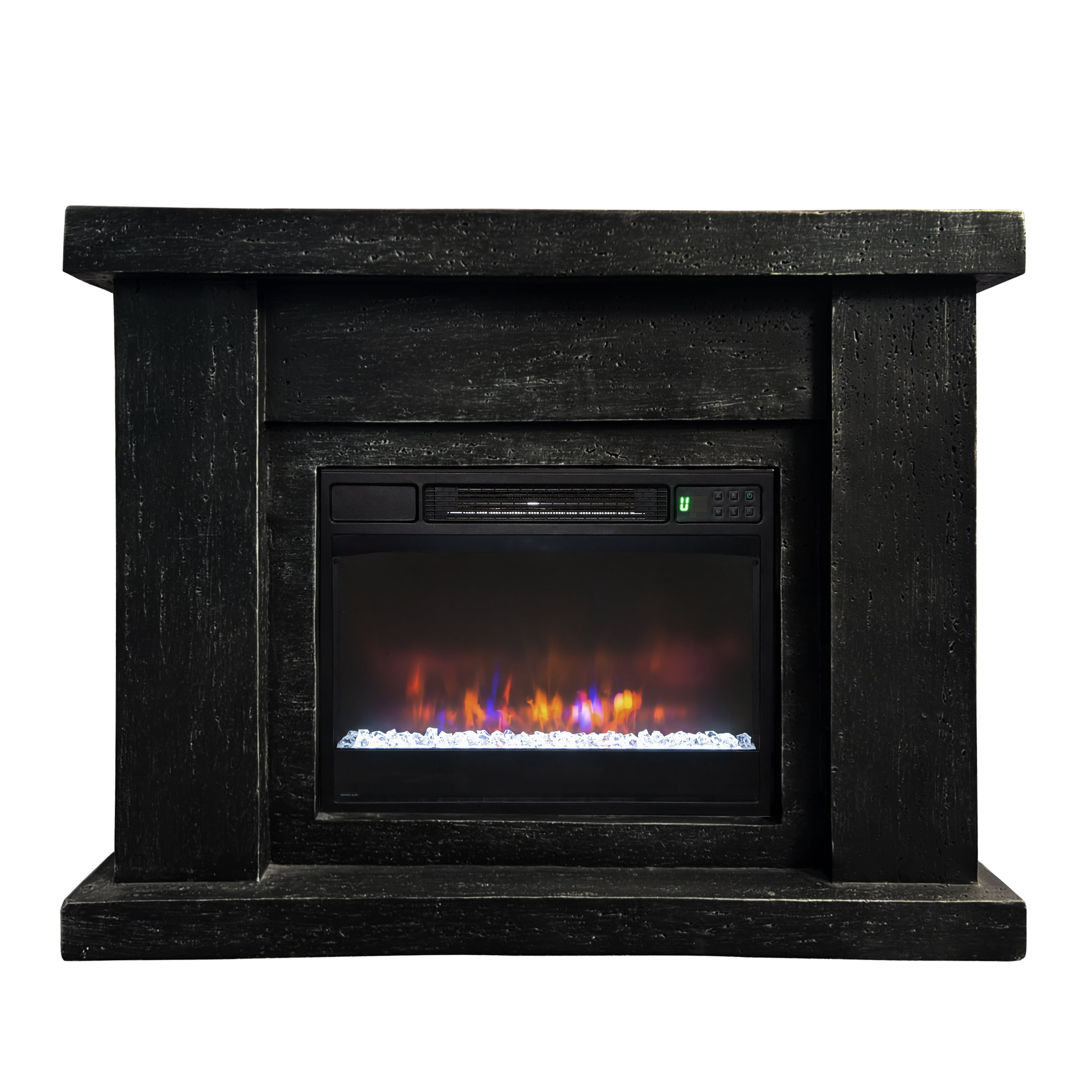 JoyRiver Marble-StyleTV Stand with Electric Fireplace, Digital Thermostat & Dual Control, Elegant Minimalist Design，Black Travertine