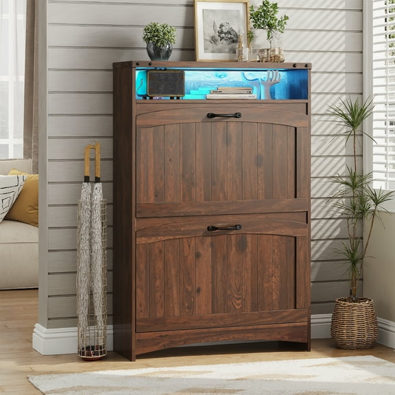 VEANERWOOD Farmhouse Shoe Cabinet with RGB LED Lights, Narrow Shoe Rack Organizer with Adjustable Shelves and Open Storage for Entryway, Entrance, Hallway, Foyer, Gray/Brown