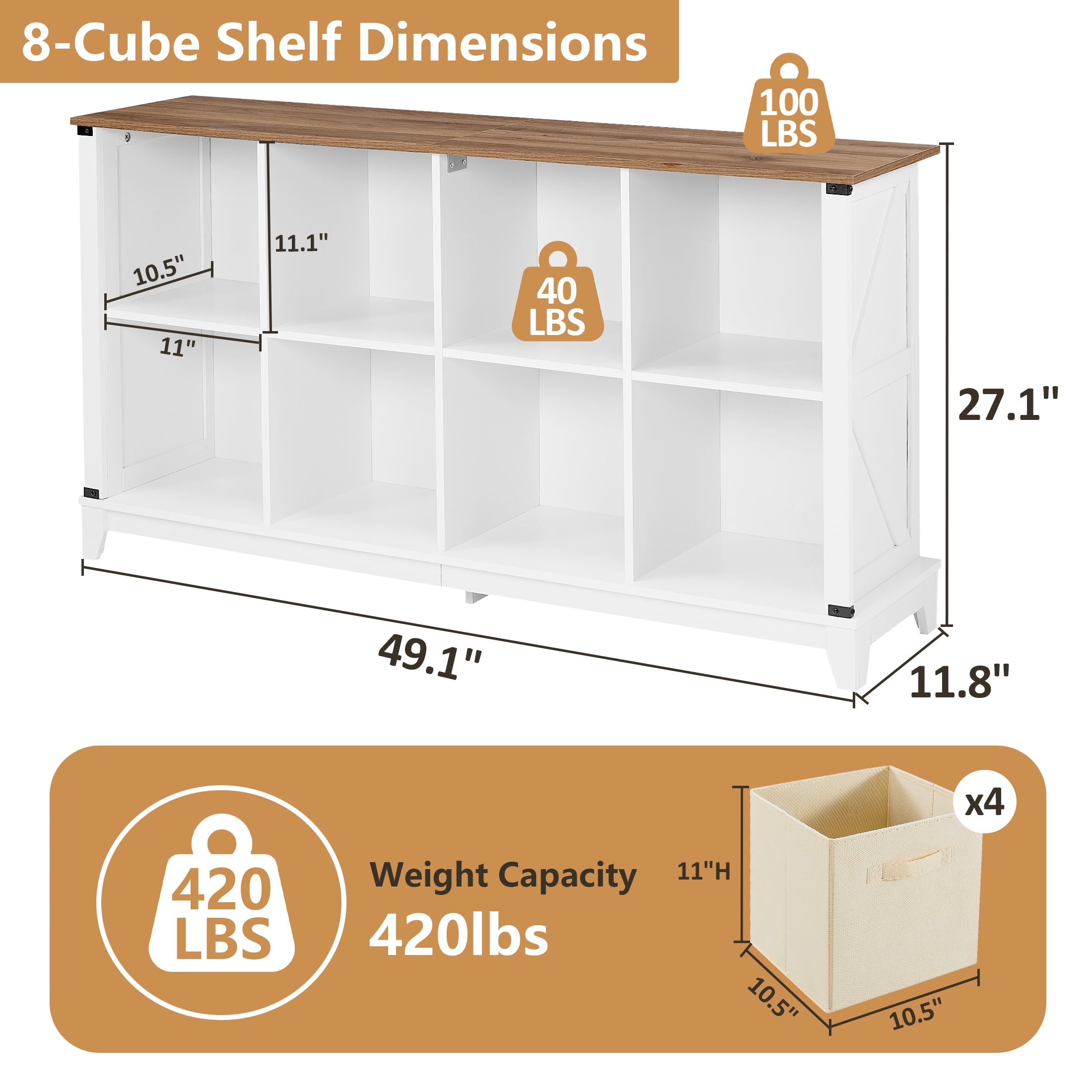 Prilinex Farmhouse 8-Cube Storage Organizer with 4 Storage Bins, Low Wooden Cube Bookshelf, Horizontal Bookshelf for Living Room Entryway Bedroom, White