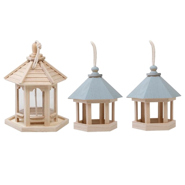 Comedero para pájaros de madera colgante hecho a mano, 3 piezas, adorno decorativo para jardín y patio al aire libre L + 2S