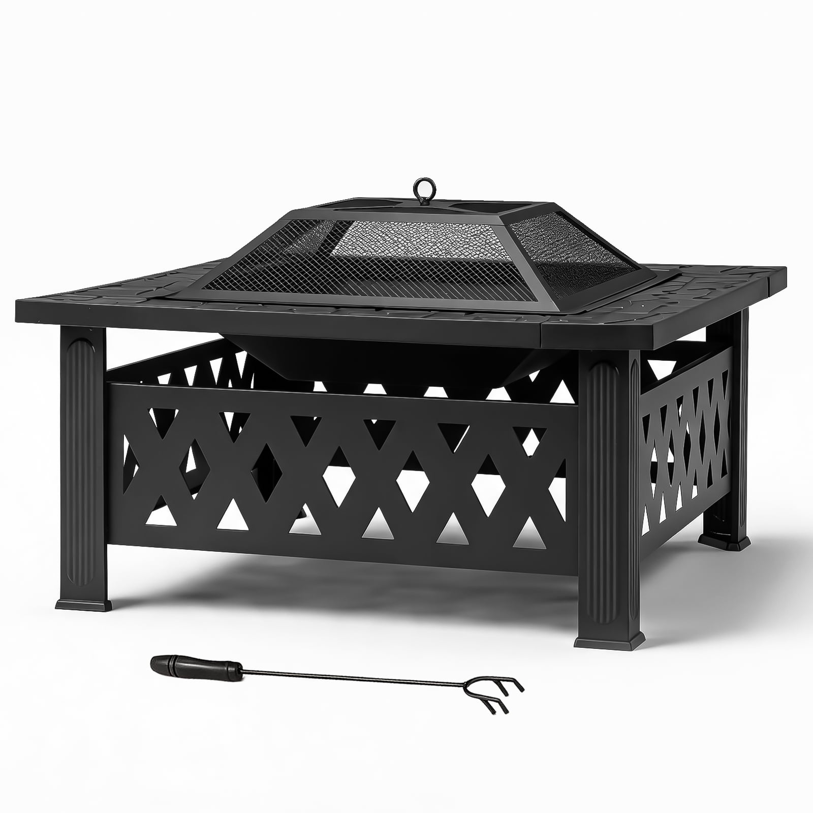 32 Inch Square Outdoor Wood Burning Fire Pit Table, Heavy Duty Wrought Iron Firepit with Pyramid Spark Screen Lid & Fire Poker, Decorative Diamond Cutout Patio Fire Pit for Backyard, Garden, Lawn