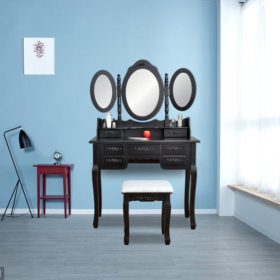 Topcobe Vanity Set with Tri-Fold Mirror, Wood Vanity Makeup Table Set with 7 Drawers Cosmetics Storage, Multifunctional Makeup Table with Stool, Black