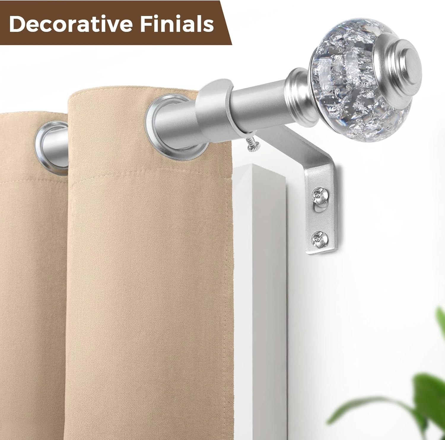Bay Window Curtain Rod,Silver Curtain Rods for Bay windows 32 to 86 Inch (Center Rod), 32 to 58 Inch Side Rod for windows, Decorative Drapery Rods with Bling Finials