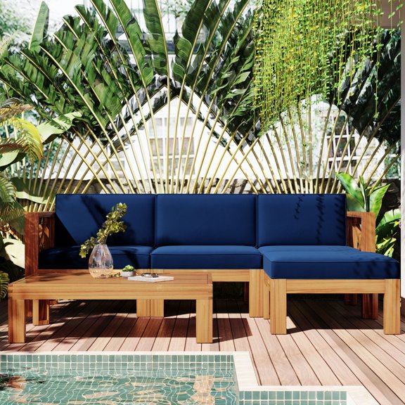 5-Piece Wood Patio Sectional Furniture, Acacia Wood Outdoor Seating Set with Cushions, Patio Conversation Set Backyard Porch Sectional Sofa, Natural Finish   Blue Cushions