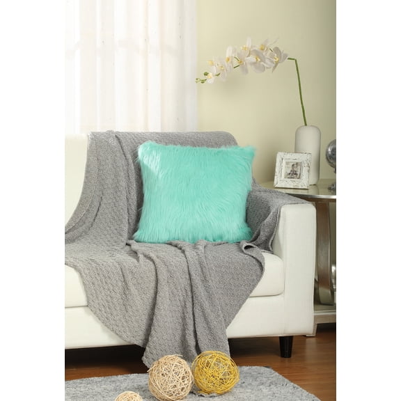 LANCO MODERN LIFESTYLE Faux Fur Fluffy Throw Pillow, Soft Shaggy Plush, Decorative, Mint Green, 16" x 16"