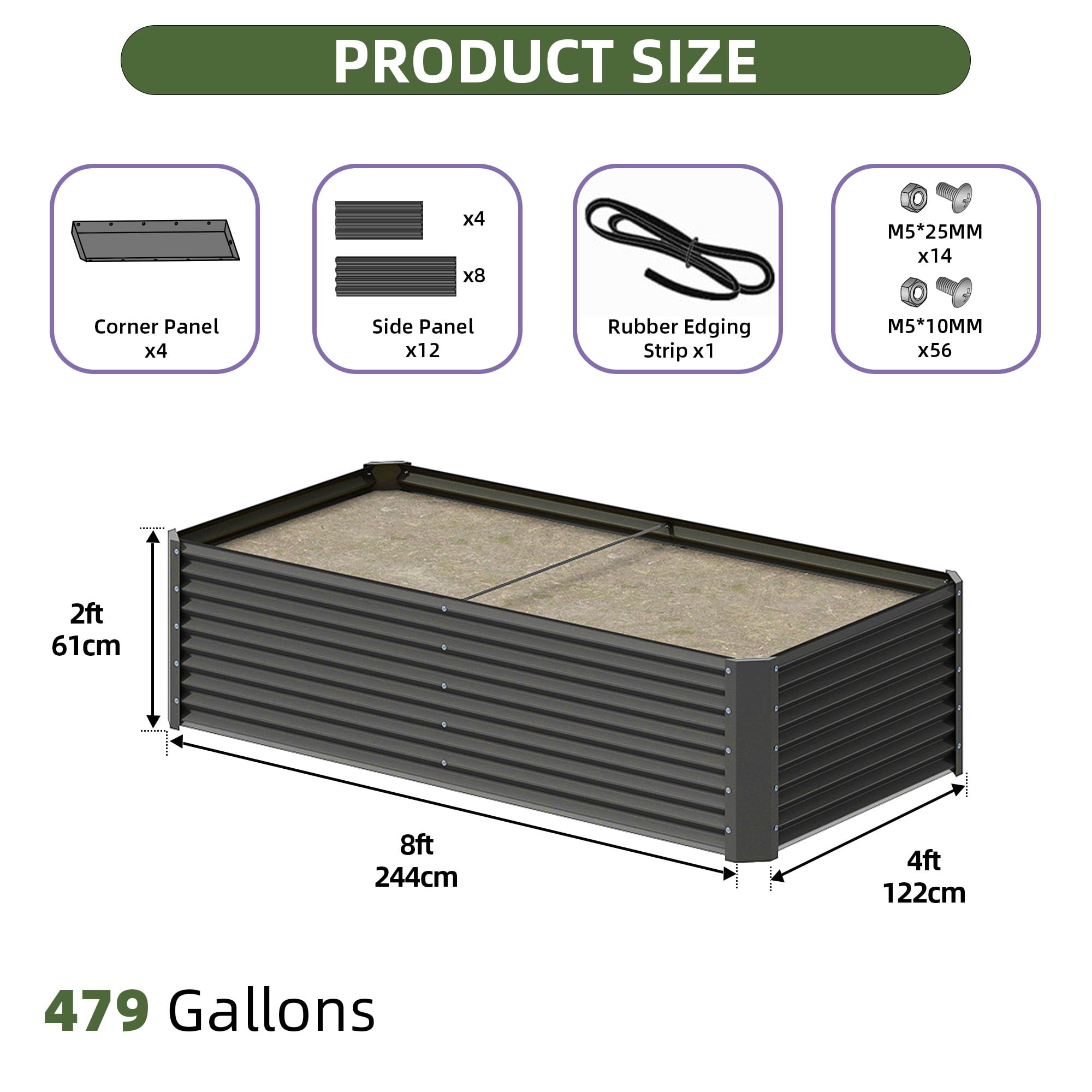 Uforic 2 Pack 8x4x2 ft Black Galvanized Raised Garden Bed Kit, Metal Planter Box with Gloves, Ground Nails & Support Rod, Outdoor Above-Ground Planter for Plants, Vegetables, and Flowers