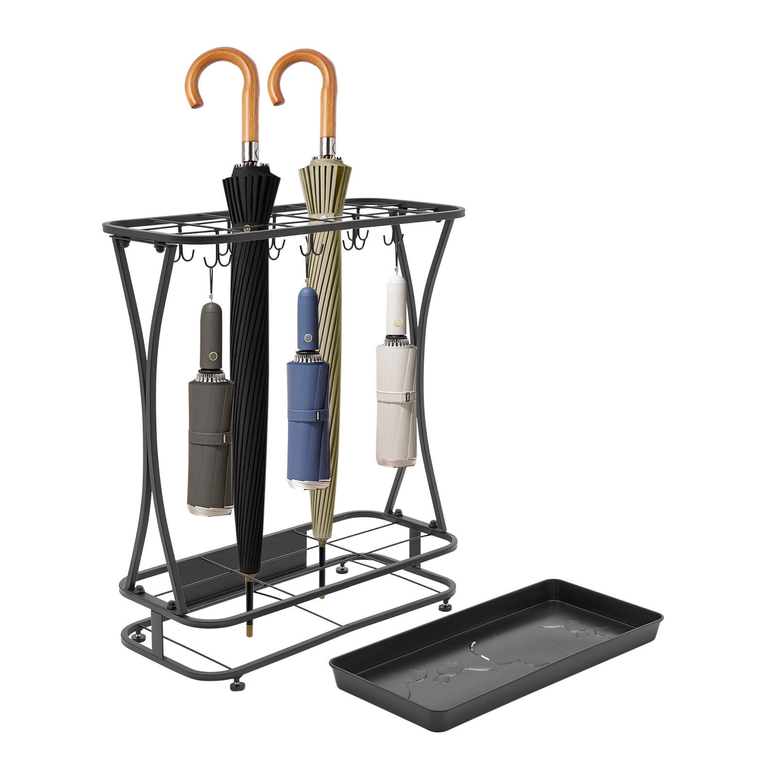 Metal Umbrella Holder Stand Rack Organizer + Drip Tray (18 Slots 20 Hooks) Black