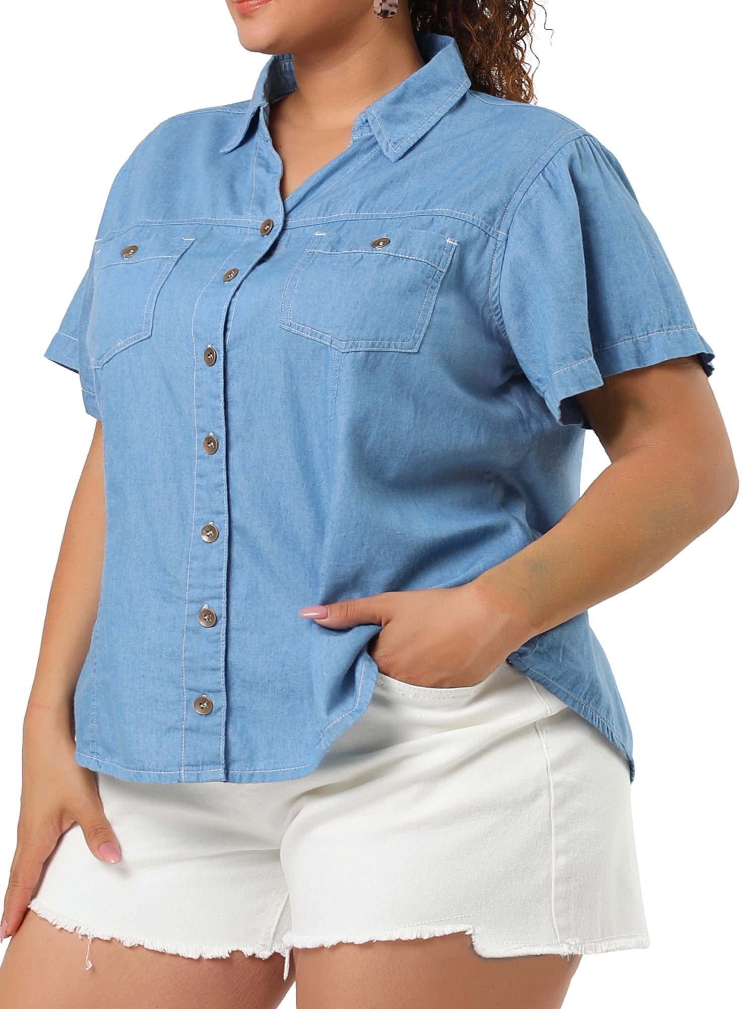 DARING DIVA Women's Plus Blouse Chest Pocket Button Down Demin Shirt 1X Light Blue