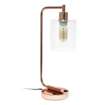 Simple Designs Bronson Antique Style Industrial Iron Lantern Desk Lamp with USB Port and Glass Shade - Rose Gold