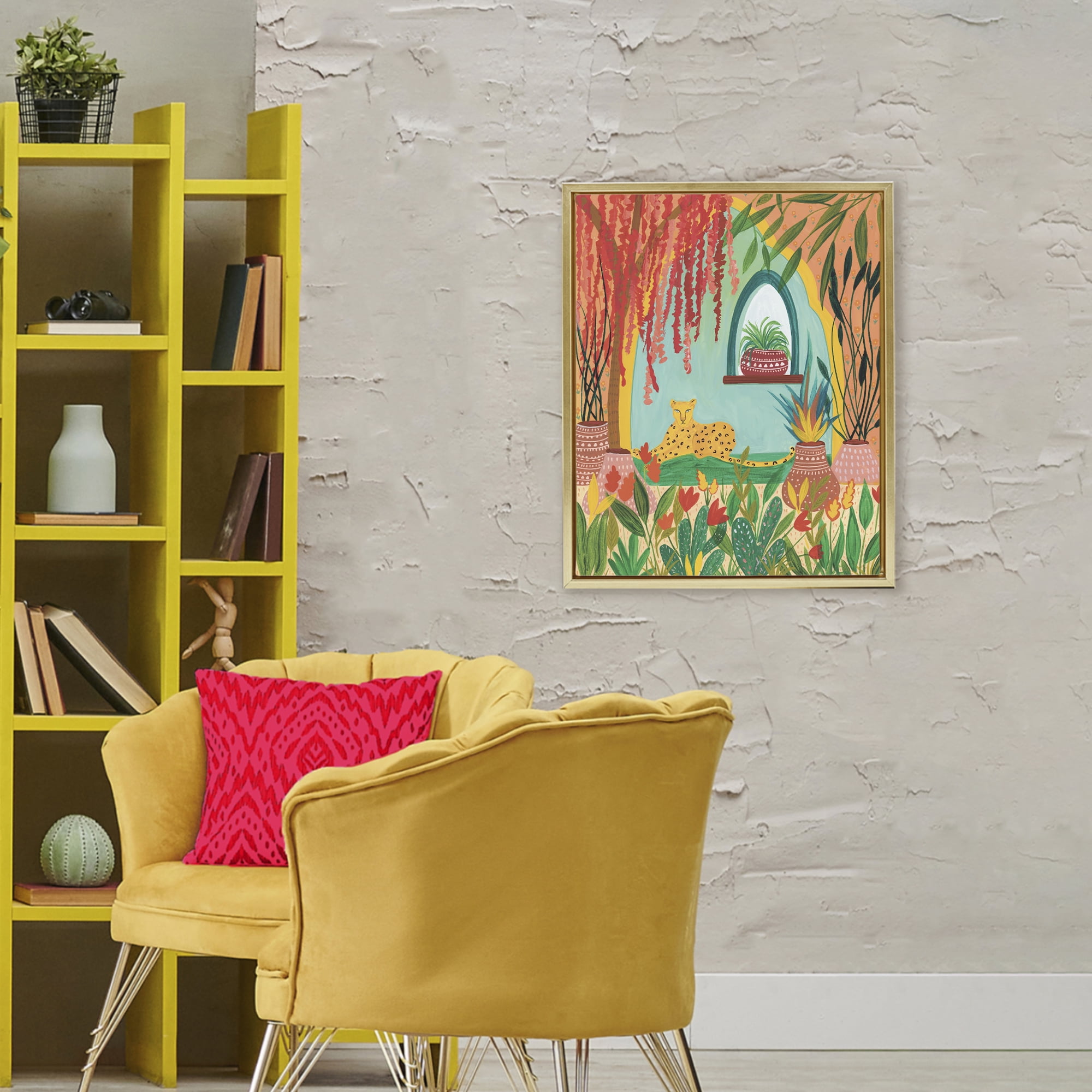 Lone Leopard Among Botanicals Gold Framed Floater Canvas Wall Art, design by Nabeela Rumi