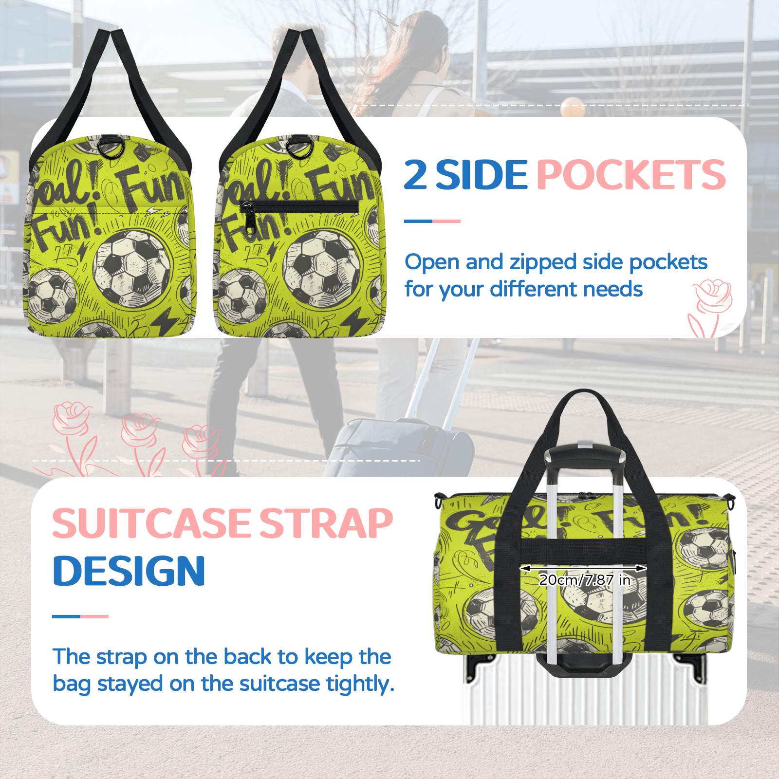 Herdesigns Soccer Gym Bag for Women, Duffle Bag for Travel Sport, Football Sports Theme Lightweight Waterproof Carry on Weekender Dance Yoga Workout Bags